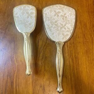 Vintage Floral Tapestry Back Gold Tone Handheld Mirror Brush Vanity Set
